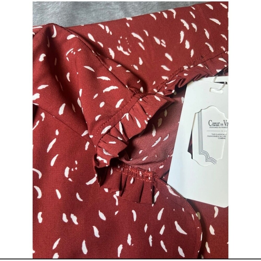NWT Coeur de Vague Blouse Womens Medium Orange Rust White Printed Ruffle Tie Top - Picture 14 of 14